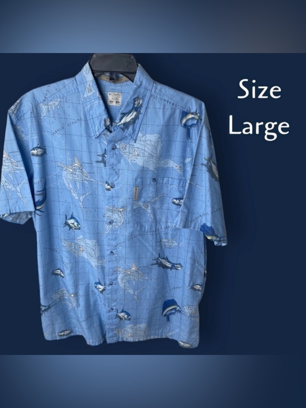 COLUMBIA River Lodge Fish Print Pocket Button Shirt Mens Size L Sky Blue